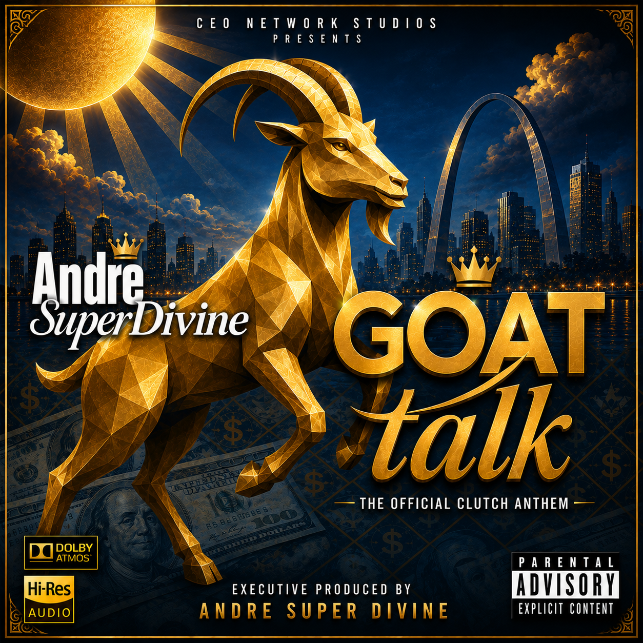 GOAT TALK official artwork featuring the golden goat, Andre SuperDivine, St. Louis skyline and Gateway Arch